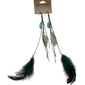NEW Green Feather & Silver Plated Leaf Motif Extra Long Dangle Earrings
